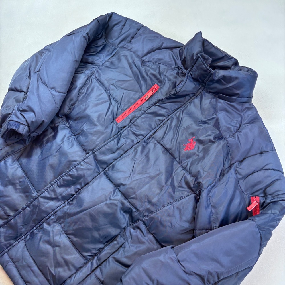US Polo Assn Puffer Jacket Boys Youth L 14 16 Navy Blue Red‎ Zipper Logo